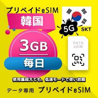 【5G】データ通信eSIM 韓国 毎日 3GB esim 格安eSIM SIMプリー 韓国 データ専用 SKT